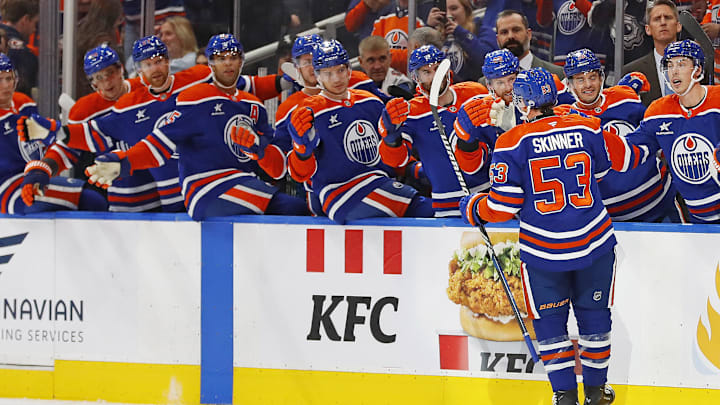 Edmonton Oilers forward Jeff Skinner (53) celebrates after scoring a goal.