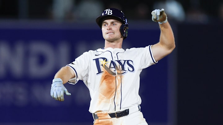 Mar 31, 2025; St. Petersburg, Florida, USA; Tampa Bay Rays right fielder Jake Mangum (28) celebrates after hitting a double against the Pittsburgh Pirates in the sixth inning at George M. Steinbrenner Field. Mandatory Credit: Nathan Ray Seebeck-Imagn Images Mar 31, 2025; St. Petersburg, Florida, USA; Tampa Bay Rays right fielder Jake Mangum (28) celebrates after hitting a double against the Pittsburgh Pirates in the sixth inning at George M. Steinbrenner Field. Mandatory Credit: Nathan Ray Seebeck-Imagn Images