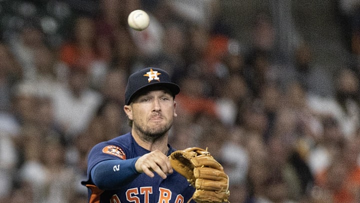 Apr 4, 2023; Houston, Texas, USA; Houston Astros third baseman Alex Bregman (2) throws out Detroit Tigers right fielder Matt Vierling (8) at first base in the fifth inning at Minute Maid Park. Apr 4, 2023; Houston, Texas, USA; Houston Astros third baseman Alex Bregman (2) throws out Detroit Tigers right fielder Matt Vierling (8) at first base in the fifth inning at Minute Maid Park.