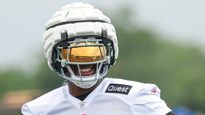 Jul 24, 2024; East Rutherford, NJ, USA; New York Giants linebacker Boogie Basham (55) during training camp at Quest Diagnostics Training Facility.  
