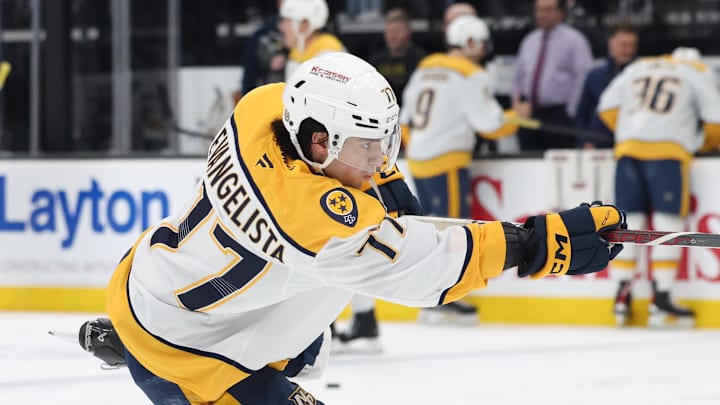 Apr 10, 2025; Salt Lake City, Utah, USA; Nashville Predators right wing Luke Evangelista warms up before a game against the Utah Hockey Club at Delta Center. Mandatory Credit: Rob Gray-Imagn Images