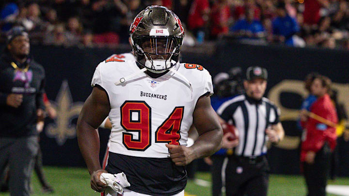 Oct 13, 2024; New Orleans, Louisiana, USA; Tampa Bay Buccaneers defensive tackle Calijah Kancey (94) run on the field against the New Orleans Saints during the first half at Caesars Superdome. Mandatory Credit: Stephen Lew-Imagn Images Oct 13, 2024; New Orleans, Louisiana, USA; Tampa Bay Buccaneers defensive tackle Calijah Kancey (94) run on the field against the New Orleans Saints during the first half at Caesars Superdome. Mandatory Credit: Stephen Lew-Imagn Images