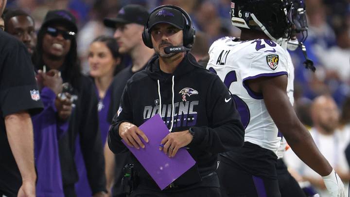 Sep 13, 2026; Indianapolis, Indiana, USA; Baltimore Ravens head coach Jesse Minter looks on during the second half against the Indianapolis Colts at Lucas Oil Stadium. Mandatory Credit: Trevor Ruszkowski-Imagn Images Sep 13, 2026; Indianapolis, Indiana, USA; Baltimore Ravens head coach Jesse Minter looks on during the second half against the Indianapolis Colts at Lucas Oil Stadium. Mandatory Credit: Trevor Ruszkowski-Imagn Images