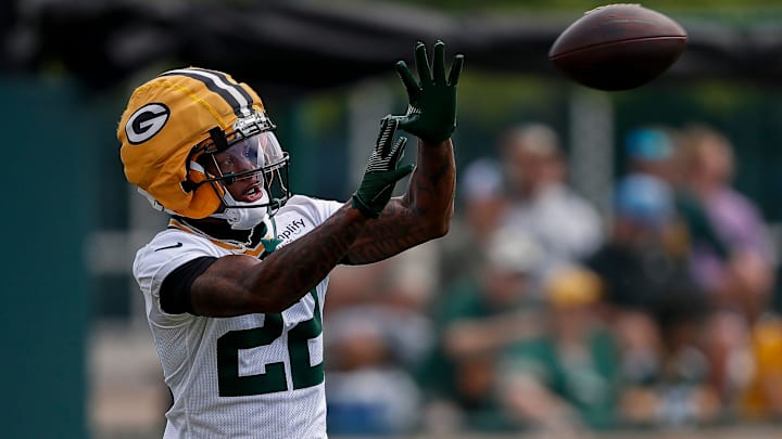 Green Bay Packers wide receiver Matthew Golden (22) catches a pass during the first day of training camp on Wednesday, July 23, 2025, at Ray Nitschke Field in Ashwaubenon, Wis. 