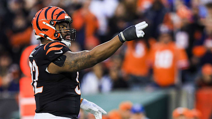 Dec 28, 2024; Cincinnati, Ohio, USA; Cincinnati Bengals defensive tackle B.J. Hill (92) reacts after a play against the Denver Broncos in the first half at Paycor Stadium. Mandatory Credit: Katie Stratman-Imagn Images