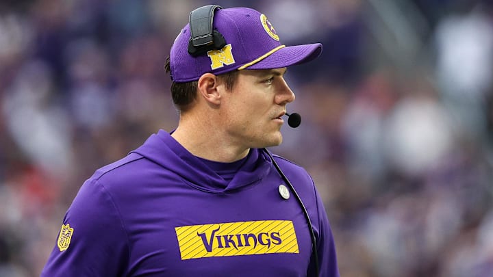 Dec 8, 2024; Minneapolis, Minnesota, USA; Minnesota Vikings head coach Kevin O'Connell looks on during the second quarter against the Atlanta Falcons at U.S. Bank Stadium.