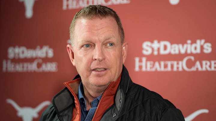 Texas Longhorns head coach Jim Schlossnagle speaks at a news conference at UFCU Disch-Falk Field Tuesday February 11, 2025.