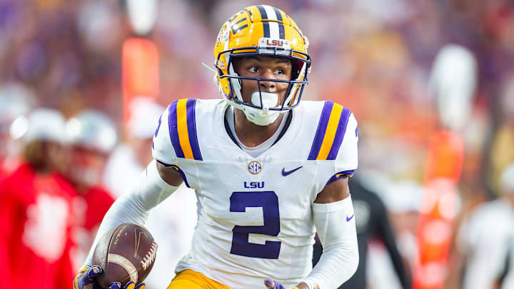 Kyren Lacy 2 runs the ball as the LSU Tigers take on the Nicholls Colonels at Tiger Stadium in Baton Rouge, LA. Saturday, Sept. 7, 2024.