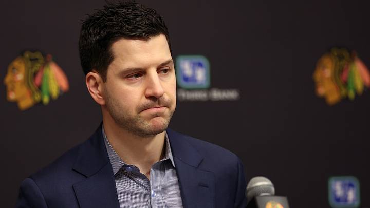 Chicago Blackhawks general manager Kyle Davidson speaks with the media following the firing of head coach Luke Richardson and the hiring of interim head coach Anders Sorensen at Fifth Third Arena on Dec. 6, 2024, in Chicago. (Stacey Wescott/Chicago Tribune/Tribune News Service via Getty Images)