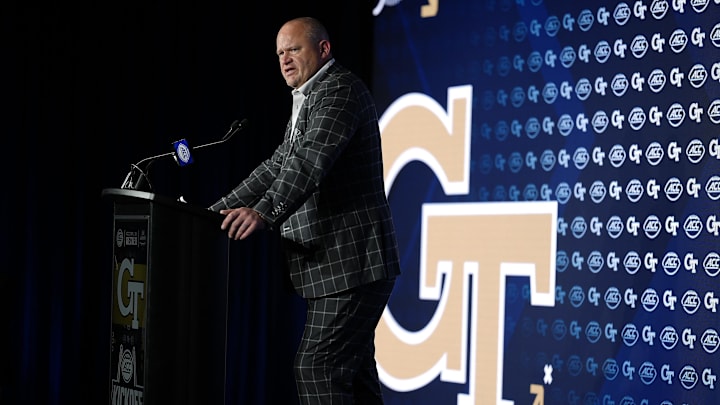 Jul 23, 2025; Charlotte, NC, USA; Georgia Tech Head Coach Brent Key answers questions from the media during ACC Media days at Hilton Charlotte Uptown. Mandatory Credit: Jim Dedmon-Imagn Images