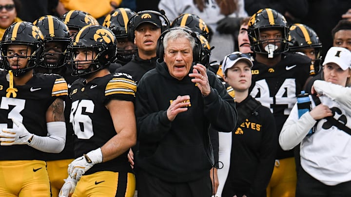 Nov 22, 2025; Iowa City, Iowa, USA; Iowa Hawkeyes head coach Kirk Ferentz reacts during the second quarter against the Michigan State Spartans at Kinnick Stadium. Mandatory Credit: Jeffrey Becker-Imagn Images