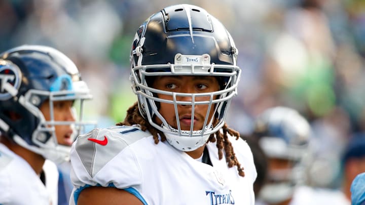 Sep 19, 2021; Seattle, Washington, USA; Tennessee Titans offensive tackle Kendall Lamm (71) stands on the sideline during the fourth quarter against the Seattle Seahawks at Lumen Field. Mandatory Credit: Joe Nicholson-Imagn Images Sep 19, 2021; Seattle, Washington, USA; Tennessee Titans offensive tackle Kendall Lamm (71) stands on the sideline during the fourth quarter against the Seattle Seahawks at Lumen Field. Mandatory Credit: Joe Nicholson-Imagn Images