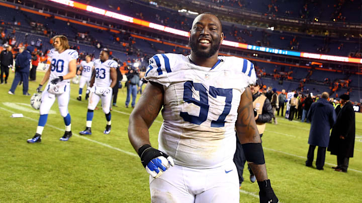 Jan 11, 2015; Denver, CO, USA; Indianapolis Colts defensive end Arthur Jones (97) against the Denver Broncos in the 2014 AFC Divisional playoff football game at Sports Authority Field at Mile High. The Colts defeated the Broncos 24-13. Jan 11, 2015; Denver, CO, USA; Indianapolis Colts defensive end Arthur Jones (97) against the Denver Broncos in the 2014 AFC Divisional playoff football game at Sports Authority Field at Mile High. The Colts defeated the Broncos 24-13.