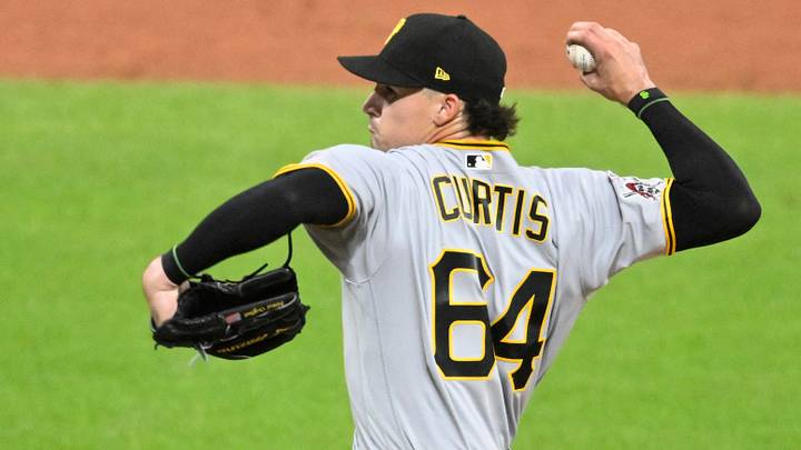 Jul 18, 2026; Cleveland, Ohio, USA; Pittsburgh Pirates relief pitcher Khristian Curtis (64) delivers a pitch in the second inning against the Cleveland Guardians at Progressive Field. Mandatory Credit: David Richard-Imagn Images Jul 18, 2026; Cleveland, Ohio, USA; Pittsburgh Pirates relief pitcher Khristian Curtis (64) delivers a pitch in the second inning against the Cleveland Guardians at Progressive Field. Mandatory Credit: David Richard-Imagn Images