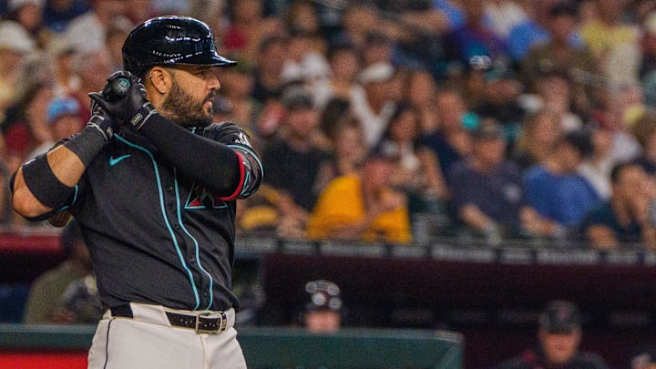 Jun 14, 2025; Phoenix, Arizona, USA; Arizona Diamondbacks infielder Eugenio Suarez (28) at bat in the fourth innning against the San Diego Padres at Chase Field. Mandatory Credit: Allan Henry-Imagn Images