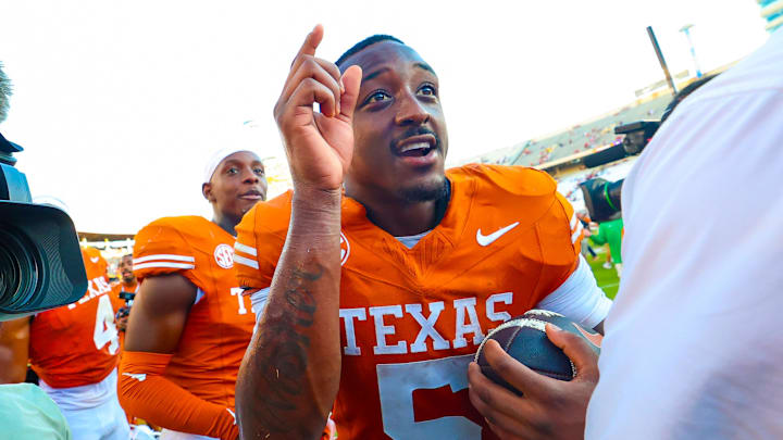 Texas Longhorns running back Quintrevion Wisner celebrates after the game against the Oklahoma Sooners at the Cotton Bowl. 