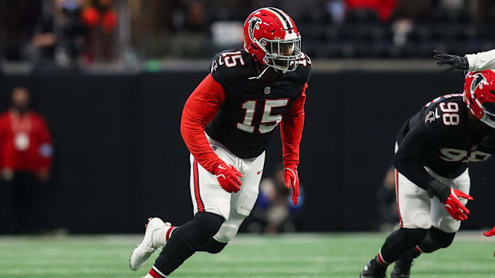Dec 22, 2024; Atlanta, Georgia, USA; Atlanta Falcons linebacker Matthew Judon (15) rushes the passer against the New York Giants in the fourth quarter at Mercedes-Benz Stadium. Mandatory Credit: Brett Davis-Imagn Images
