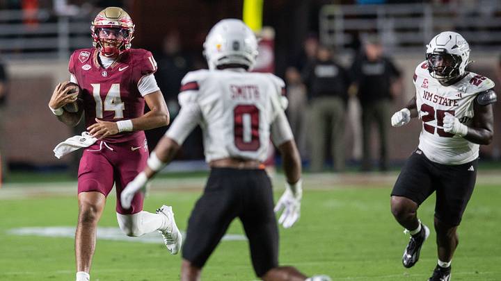 Florida State Seminoles quarterback Ashton Daniels (14) runs the ball. The Florida State Seminoles defeated the New Mexico State Aggies 34-17 at Doak Campbell Stadium on Saturday, Aug. 29, 2026. Florida State Seminoles quarterback Ashton Daniels (14) runs the ball. The Florida State Seminoles defeated the New Mexico State Aggies 34-17 at Doak Campbell Stadium on Saturday, Aug. 29, 2026.