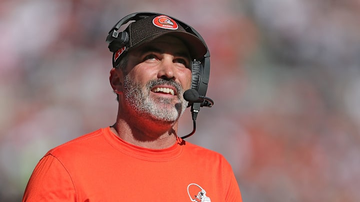 Cleveland Browns head coach Kevin Stefanski is all smiles as he watches running back Nick Chubb score a touchdown during the first half of an NFL football game at Huntington Bank Field, Sunday, Oct. 20, 2024, in Cleveland, Ohio.