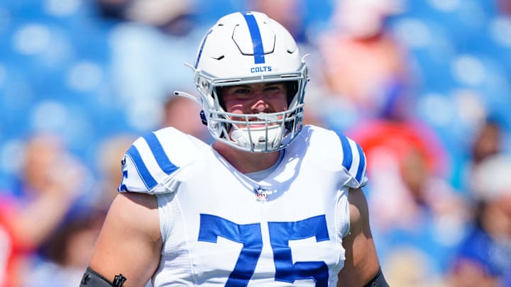Aug 13, 2022; Orchard Park, New York, USA; Indianapolis Colts guard Will Fries (75) prior to the game against the Buffalo Bills at Highmark Stadium. Mandatory Credit: Gregory Fisher-Imagn Images