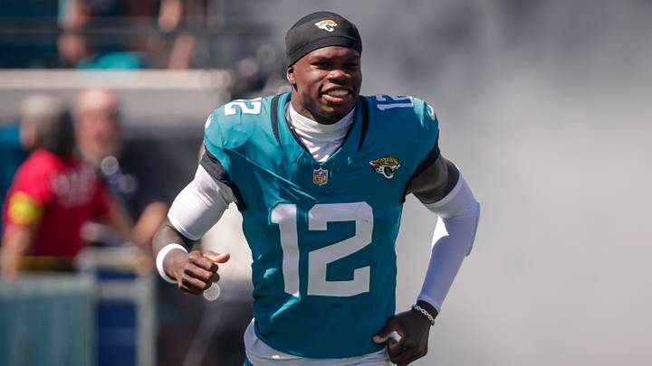 Oct 12, 2025; Jacksonville, Florida, USA;Jacksonville Jaguars player Travis Hunter (12) runs out during team introductions before the game against the Seattle Seahawks at EverBank Stadium. Mandatory Credit: Travis Register-Imagn Images