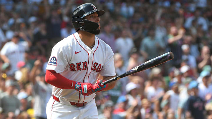 Aug 17, 2025; Boston, Massachusetts, USA;  Boston Red Sox right fielder Wilyer Abreu (52) hits a two run home run during the fourth inning against the Miami Marlins at Fenway Park. 