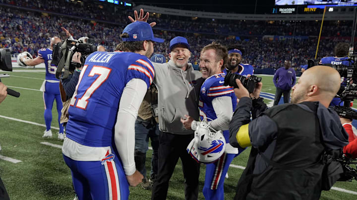 Buffalo Bills quarterback Josh Allen celebrates with head coach Sean McDermott and Matt Prater who won the game with his successful field goal against the Baltimore Ravens at Highmark Stadium in Orchard Park on Sept. 7, 2025. Buffalo Bills quarterback Josh Allen celebrates with head coach Sean McDermott and Matt Prater who won the game with his successful field goal against the Baltimore Ravens at Highmark Stadium in Orchard Park on Sept. 7, 2025.