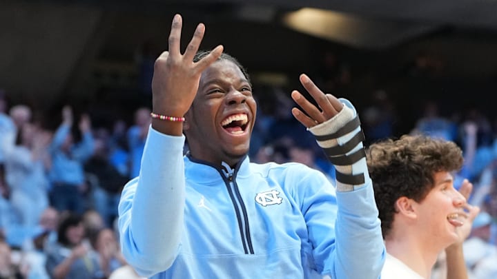 Feb 23, 2026; Chapel Hill, North Carolina, USA; North Carolina Tar Heels forward Caleb Wilson (8) reacts after a three point shot in the second half at Dean E. Smith Center. Mandatory Credit: Bob Donnan-Imagn Images Feb 23, 2026; Chapel Hill, North Carolina, USA; North Carolina Tar Heels forward Caleb Wilson (8) reacts after a three point shot in the second half at Dean E. Smith Center. Mandatory Credit: Bob Donnan-Imagn Images