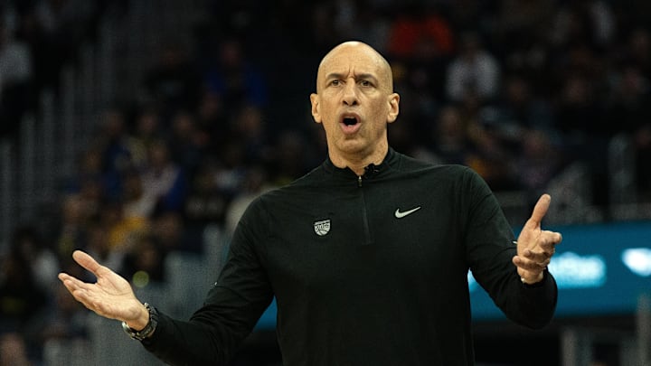 Mar 13, 2025; San Francisco, California, USA; Sacramento Kings head coach Doug Christie complains about a refereeís call during the second quarter against the Golden State Warriors at Chase Center. Mandatory Credit: D. Ross Cameron-Imagn Images