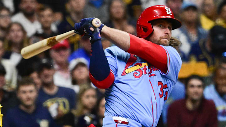 Sep 13, 2025; Milwaukee, Wisconsin, USA; St. Louis Cardinals second baseman Brendan Donovan (33) hits a solo home run against the Milwaukee Brewers in the third inning at American Family Field. Mandatory Credit: Benny Sieu-Imagn Images Sep 13, 2025; Milwaukee, Wisconsin, USA; St. Louis Cardinals second baseman Brendan Donovan (33) hits a solo home run against the Milwaukee Brewers in the third inning at American Family Field. Mandatory Credit: Benny Sieu-Imagn Images