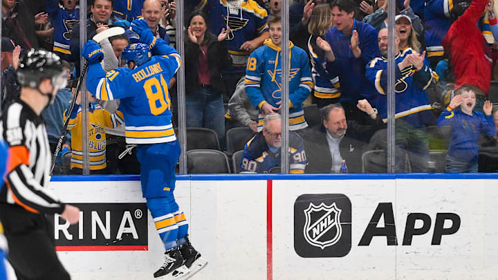 Mar 28, 2026; St. Louis, Missouri, USA; St. Louis Blues left wing Dylan Holloway (81) celebrates after scoring against the Toronto Maple Leafs during the third period at Enterprise Center. Mandatory Credit: Jeff Curry-Imagn Images