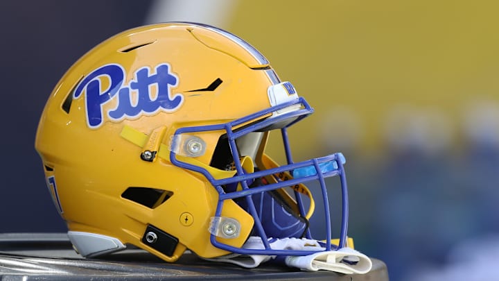 Sep 25, 2021; Pittsburgh, Pennsylvania, USA;  A Pittsburgh Panthers helmet sits on the sidelines against the New Hampshire Wildcats during the fourth quarter at Heinz Field. Mandatory Credit: Charles LeClaire-Imagn Images