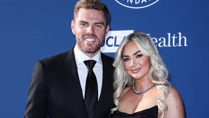American professional baseball first baseman Freddie Freeman and wife Chelsea Freeman arrive at the Los Angeles Dodgers Foundation (LADF) Annual Blue Diamond Gala.