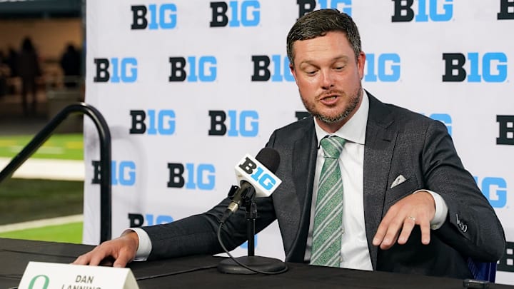 Jul 25, 2024; Indianapolis, IN, USA; Oregon Ducks head coach ??Dan Lanning speaks to the media during the Big 10 football media day at Lucas Oil Stadium. Mandatory Credit: Robert Goddin-USA TODAY Sports