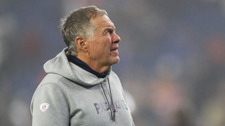 Oct 24, 2022; Foxborough, Massachusetts, USA; New England Patriots head coach Bill Belichick reacts before a game against the Chicago Bears at Gillette Stadium.