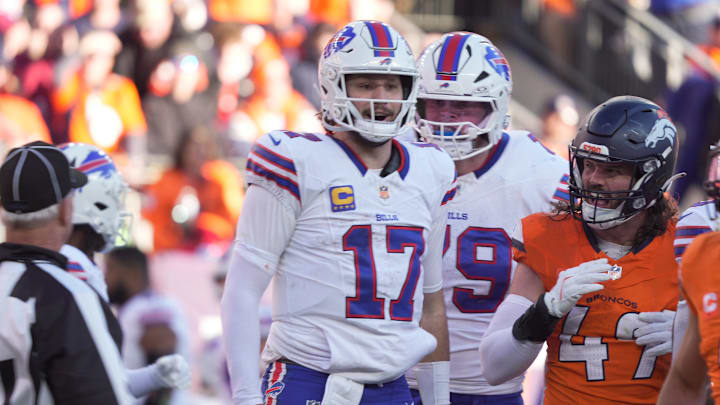 Buffalo Bills quarterback Josh Allen is all smiles after getting up after about a 15-yard run during first half action at Empower FIeld at Mile High in Denver, Colorado on Jan. 17, 2026. Buffalo Bills quarterback Josh Allen is all smiles after getting up after about a 15-yard run during first half action at Empower FIeld at Mile High in Denver, Colorado on Jan. 17, 2026.