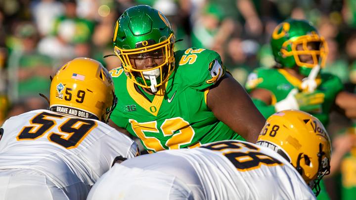 Oregon defensive tackle A’Mauri Washington lines up before the snap. His combination of size, power and athleticism makes him one of the top defensive tackles in the 2027 NFL Draft. Oregon defensive tackle A’Mauri Washington lines up before the snap. His combination of size, power and athleticism makes him one of the top defensive tackles in the 2027 NFL Draft.