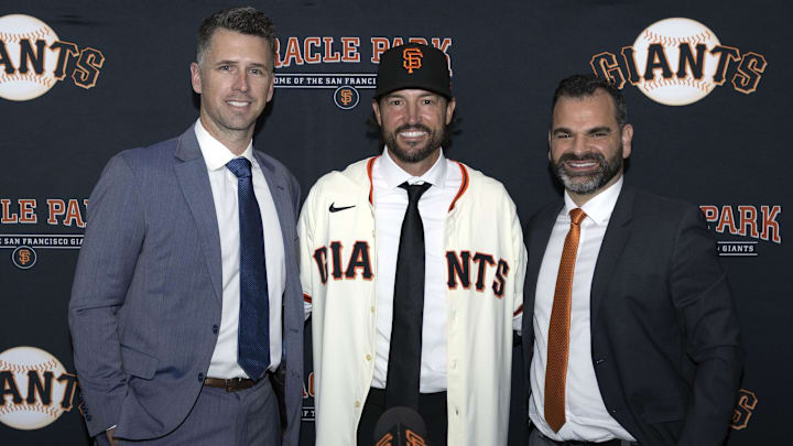 Oct 30, 2025; San Francisco, CA, USA;  Tony Vitello (center) is introduced as the new manager of the San Francisco Giants by president of baseball operations Buster Posey (left) and general manager Zack Minasian at Oracle Park. Mandatory Credit: D. Ross Cameron-Imagn Images
