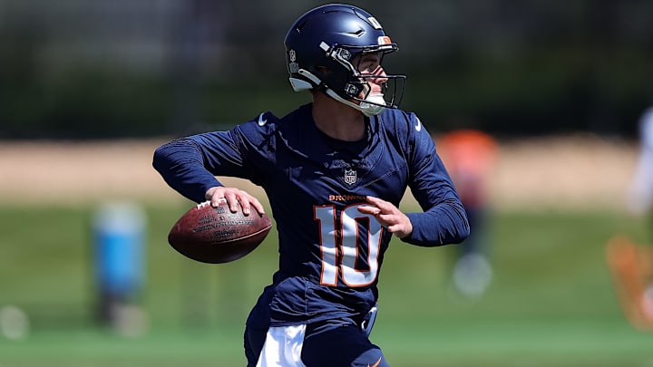 May 23, 2024; Englewood, CO, USA; Denver Broncos quarterback Bo Nix (10) during organized team activities at Centura Health Training Center. 