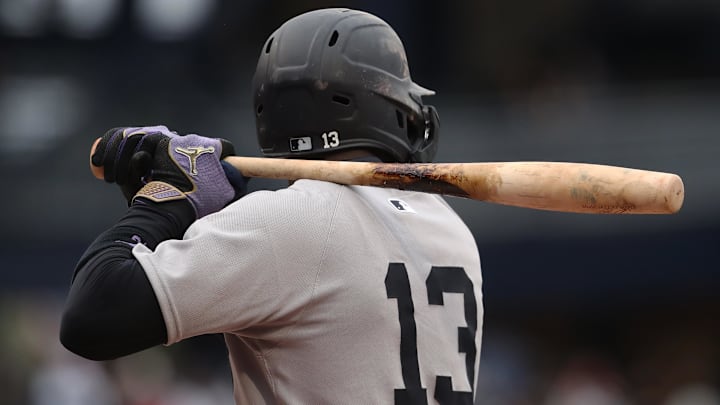 Apr 6, 2025; Pittsburgh, Pennsylvania, USA;  Detail view of  the torpedo bat used by New York Yankees second baseman Jazz Chisholm Jr. (13) against the Pittsburgh Pirates during the first inning at PNC Park. Mandatory Credit: Charles LeClaire-Imagn Images