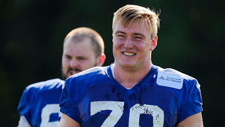 Indianapolis Colts offensive tackle Bernhard Raimann (79) smiles while walking to warm up Saturday, July 27, 2024, during the Indianapolis Colts’ training camp at Grand Park Sports Complex in Westfield. Indianapolis Colts offensive tackle Bernhard Raimann (79) smiles while walking to warm up Saturday, July 27, 2024, during the Indianapolis Colts’ training camp at Grand Park Sports Complex in Westfield.