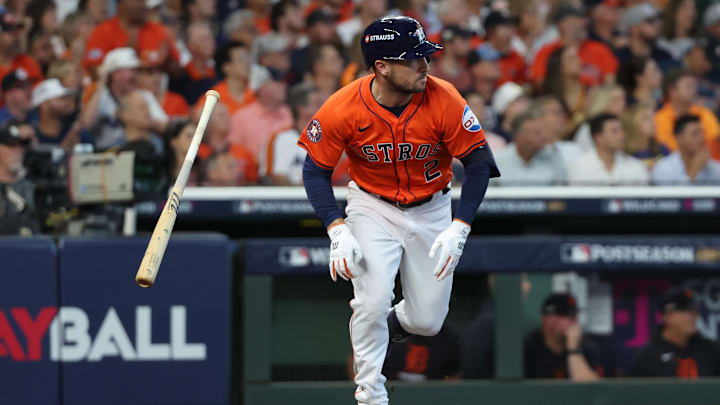 Oct 2, 2024; Houston, Texas, USA; Houston Astros third base Alex Bregman (2) runs after hitting a single against the Detroit Tigers during the second inning of game two of the Wildcard round for the 2024 MLB Playoffs at Minute Maid Park. Mandatory Credit: Thomas Shea-Imagn Images