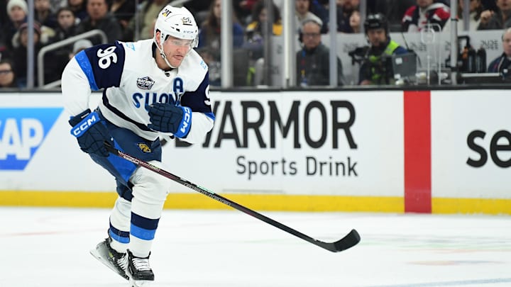 Feb 17, 2025; Boston, MA, USA; [Imagn Images direct customers only]  Team Finland forward Mikko Rantanen (96) skates with the puck during the second period in a 4 Nations Face-Off ice hockey game against Team Canada at TD Garden. Mandatory Credit: Bob DeChiara-Imagn Images