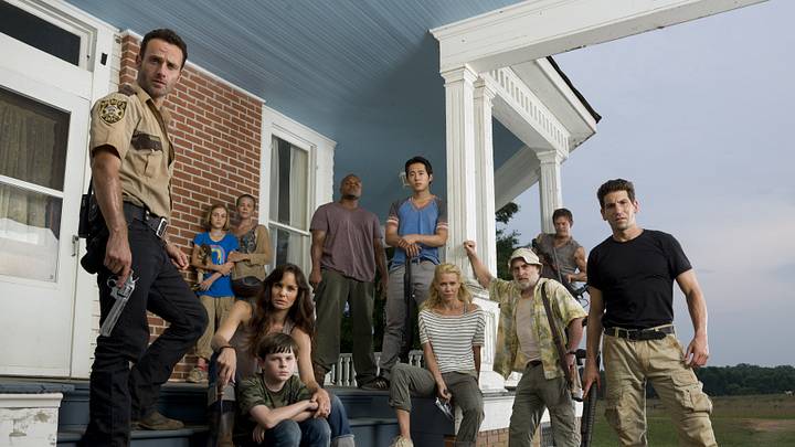 Andrew Lincoln, Madison Lintz, Melissa Suzanne McBride, Sarah Wayne Callies, Chandler Riggs, IronE Singleton, Steven Yeun, Laurie Holden, Jeffrey DeMunn, Norman Reedus, and Jon Bernthal in The Walking Dead Season 2