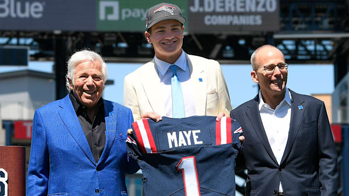 Apr 26, 2024; Foxborough, MA, USA; New England Patriots owner (L) Robert Kraft and president