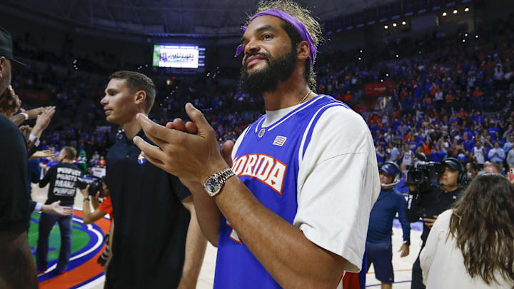 Feb 15, 2020; Gainesville, Florida, USA; Former Florida Gator great and NBA player Joakim Noah is among those honored during a timeout in the second half against the Vanderbilt Commodores at Exactech Arena. Mandatory Credit: Reinhold Matay-Imagn Images Feb 15, 2020; Gainesville, Florida, USA; Former Florida Gator great and NBA player Joakim Noah is among those honored during a timeout in the second half against the Vanderbilt Commodores at Exactech Arena. Mandatory Credit: Reinhold Matay-Imagn Images