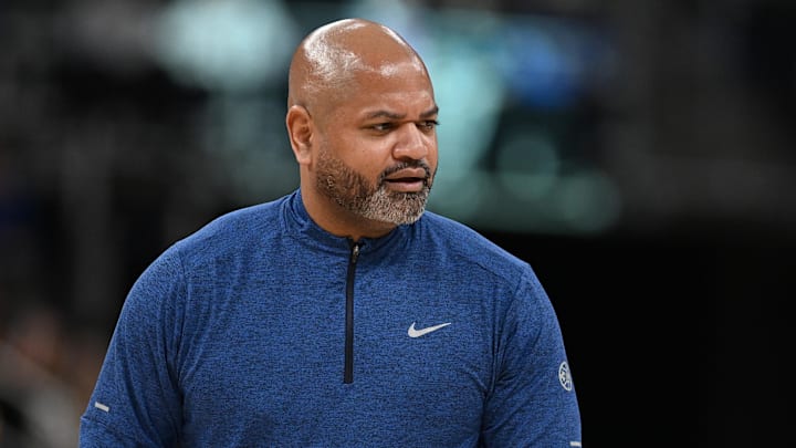 Jan 6, 2025; Detroit, Michigan, USA; Detroit Pistons head coach J.B. Bickerstaff watches the action from the bench during their game against the Portland Trail Blazers in the second quarter at Little Caesars Arena. Mandatory Credit: Lon Horwedel-Imagn Images