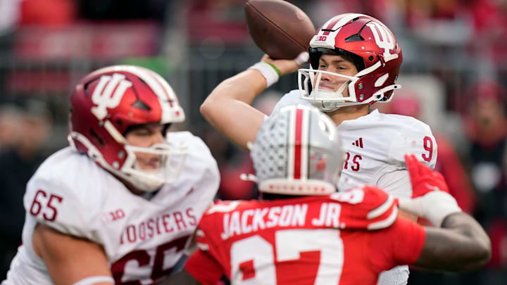 Indiana Hoosiers quarterback Kurtis Rourke (9) throws a pass against Ohio State Saturday at Ohio Stadium.