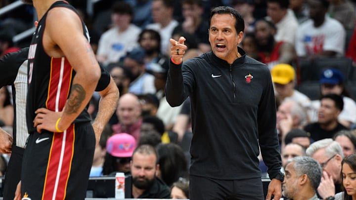 Mar 31, 2025; Washington, District of Columbia, USA; Miami Heat head coach Erik Spoelstra reacts during the third quarter against the Washington Wizards at Capital One Arena. Mandatory Credit: Reggie Hildred-Imagn Images