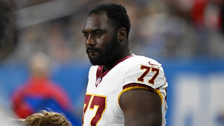 Aug 22, 2026; Detroit, Michigan, USA; Washington Commanders offensive tackle Nicholas Petit-Frere (77) on the sidelines during their game against the Detroit Lions at Ford Field. Mandatory Credit: Lon Horwedel-Imagn Images Aug 22, 2026; Detroit, Michigan, USA; Washington Commanders offensive tackle Nicholas Petit-Frere (77) on the sidelines during their game against the Detroit Lions at Ford Field. Mandatory Credit: Lon Horwedel-Imagn Images